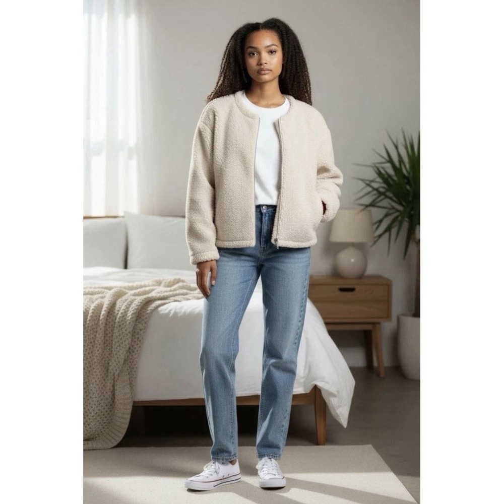 Calvin Klein Womens Sherpa Jacket Cream White Tofu Zip Coat Medium SP44612522
